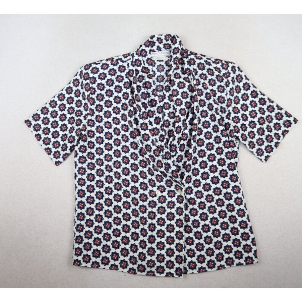 VINTAGE WHITE BLUE RED PRINT SHORT SLEEVE SILKY TEXTURED BLOUSE - ANNA KRISTE 6P